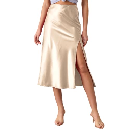RSBFK Damen High Waist Elastischer Satin Midi Rock mit Schlitz Elegant A-Linie Maxiröcke, beige, M RSBFK Damen High Waist Elastischer Satin Midi Rock mit Schlitz Elegant A-Linie Maxiröcke, beige, M von RSBFK