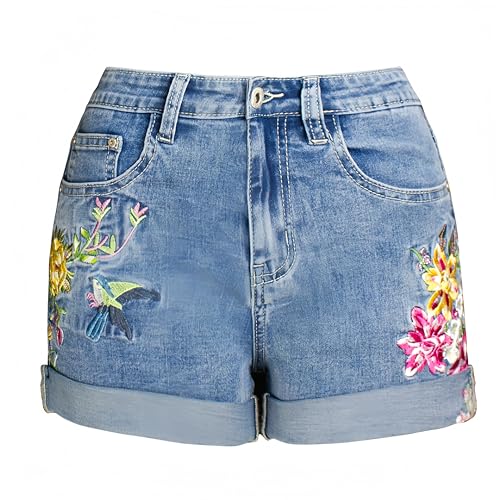 RSBFK Damen Jeans bestickt Raw Edge Quaste Mid Waist Wide Leg Denim Shorts, 2#Hellblau, 64 von RSBFK