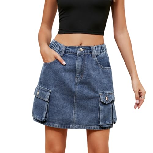 RSBFK Damen Stretch High Waist Casual Slim Fit Cargo Rock Knopf Mini Jeansrock mit Taschen, blau, XXL von RSBFK