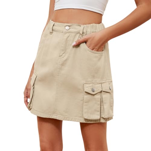 RSBFK Damen Stretch High Waist Casual Slim Fit Cargo Rock Knopf Mini Jeansrock mit Taschen, khaki, M von RSBFK