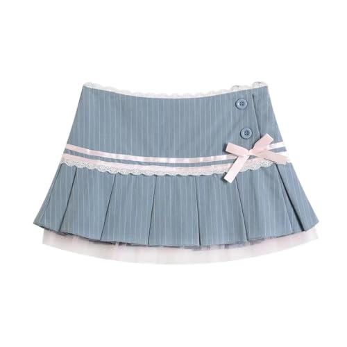 RSBFK Süße Schleife Spitze Cutecore A-Linie Rock Tief Rise Mini Skort Faltenrock mit Futter Shorts, blau, 36 von RSBFK