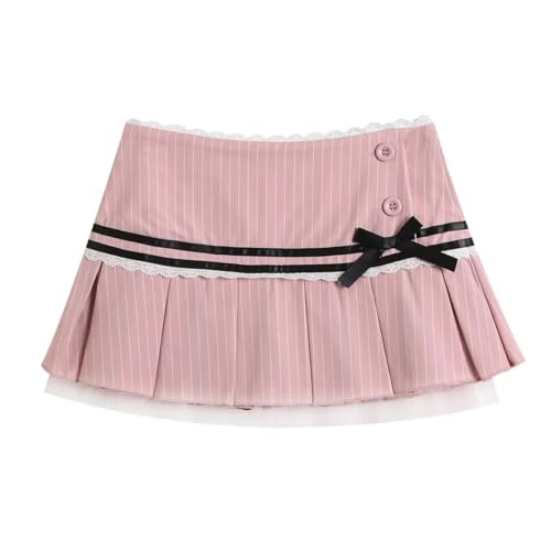 RSBFK Süße Schleife Spitze Cutecore A-Linie Rock Tief Rise Mini Skort Faltenrock mit Futter Shorts, rose, 36 von RSBFK