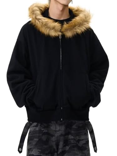 RSGMU Herren Hoodie Zip Up Y2k Zip Up Hoodie Pelz Kapuzenjacke Warmer Wintermantel für Männer mit Kapuze Pelzkragen Streetwear, Schwarz, Large RSGMU Herren Hoodie Zip Up Y2k Zip Up Hoodie Pelz Kapuzenjacke Warmer Wintermantel für Männer mit Kapuze Pelzkragen Streetwear, Schwarz, Large von RSGMU