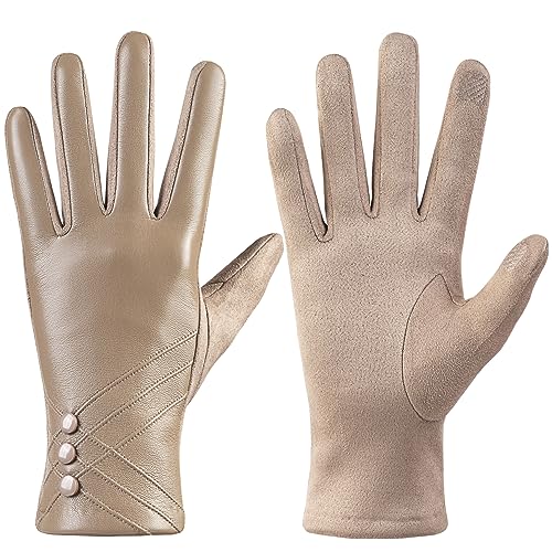 RSHHCXR Winter-Lederhandschuhe für Damen, mit Touchscreen-Texten, warmes Kaschmirfutter, winddicht, Wildleder, Fahrhandschuhe, Beige, Small / Medium von RSHHCXR