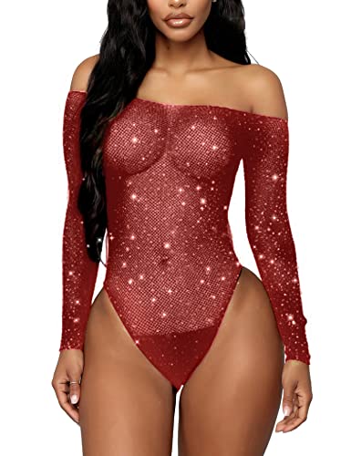 RSLOVE Damen Bodysuit Fischnetz mit Strass-Verzierung Overall Catsuit Burgundisch Einheitsgröße von RSLOVE