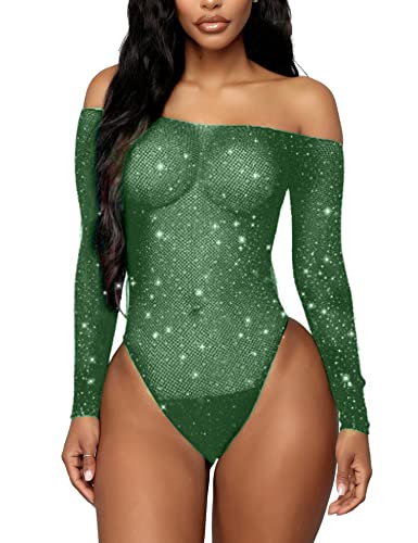 RSLOVE Damen Bodysuit Fischnetz mit Strass-Verzierung Overall Catsuit Dunkelgrün Einheitsgröße von RSLOVE