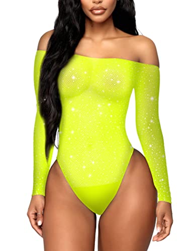 RSLOVE Damen Bodysuit Fischnetz mit Strass-Verzierung Overall Catsuit Gelb Einheitsgröße von RSLOVE
