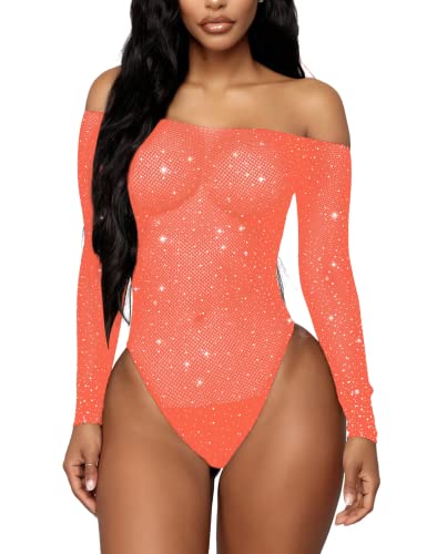 RSLOVE Damen Bodysuit Fischnetz mit Strass-Verzierung Overall Catsuit Hellrosa Einheitsgröße von RSLOVE