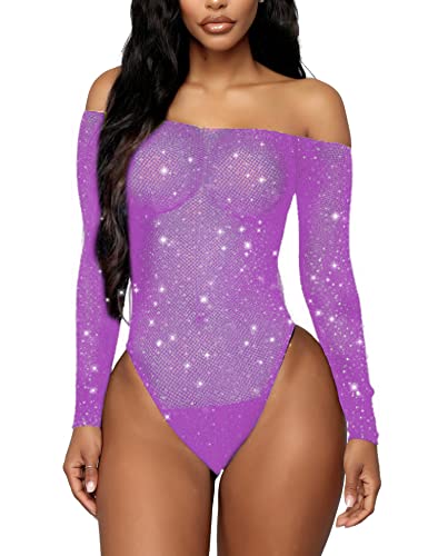 RSLOVE Damen Bodysuit Fischnetz mit Strass-Verzierung Overall Catsuit Lila Einheitsgröße RSLOVE Damen Bodysuit Fischnetz mit Strass-Verzierung Overall Catsuit Lila Einheitsgröße von RSLOVE