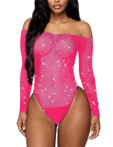 RSLOVE Damen Bodysuit Fischnetz mit Strass-Verzierung Overall Catsuit Rosa Einheitsgröße von RSLOVE