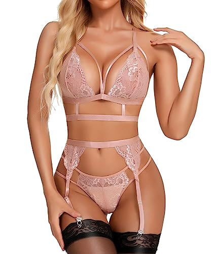 RSLOVE Damen Dessous Set Spitze Teddy Bügel Babydoll Bodysuit mit Strumpfgürteln sexy BH und Höschen Sets Rosa Large von RSLOVE