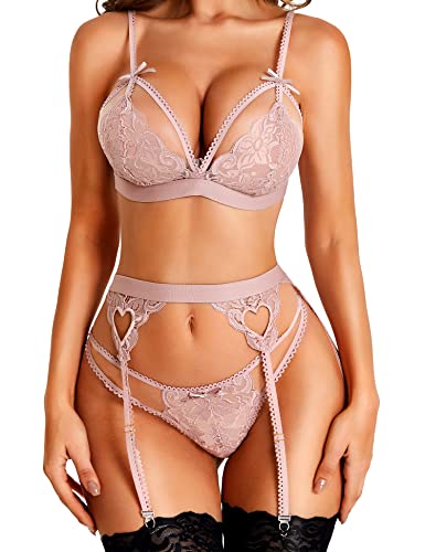 RSLOVE Damen Dessous Set mit Strumpfhalter - 3-teiliges Spitzen Teddy Babydoll Bodysuit Dunkles Rosa Groß von RSLOVE