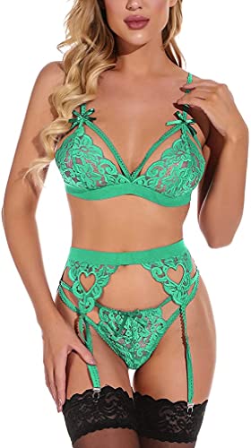 RSLOVE Damen Dessous Set mit Strumpfhalter - 3-teiliges Spitzen Teddy Babydoll Bodysuit Helles Grün Mittel von RSLOVE