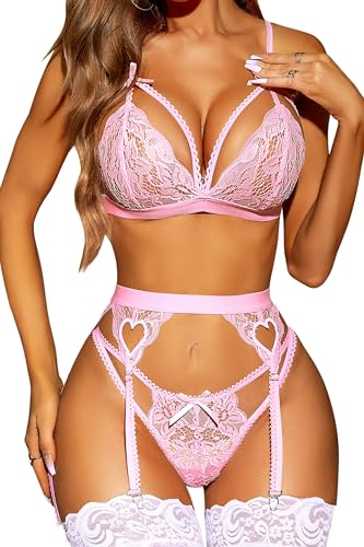 RSLOVE Damen Dessous Set mit Strumpfhalter - 3-teiliges Spitzen Teddy Babydoll Bodysuit Helles Rosa Extra Groß von RSLOVE