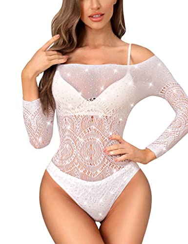 RSLOVE Damen Dessous Sexy Langarm Fischnetz Bodysuits See Through Strass Teddy Weiß Einheitsgröße von RSLOVE