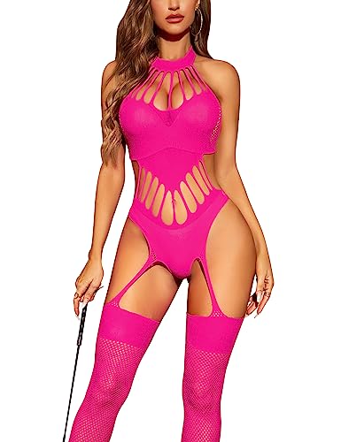 RSLOVE Damen Fishnet Bodystocking Dessous für Frauen verführerische sexy Strumpfhosen Outfits Neon Pink One Size von RSLOVE