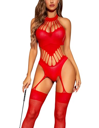 RSLOVE Damen Fishnet Bodystocking Dessous für Frauen verführerische sexy Strumpfhosen Outfits Rot One Size von RSLOVE