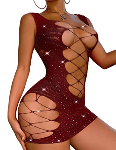 RSLOVE Damen Kurzes Kleid aus Fischnetz mit Strasssteinen Sexy Bodycon Fischnetz Minikleid Dunkles Burgunderrot Einheitsgröße von RSLOVE