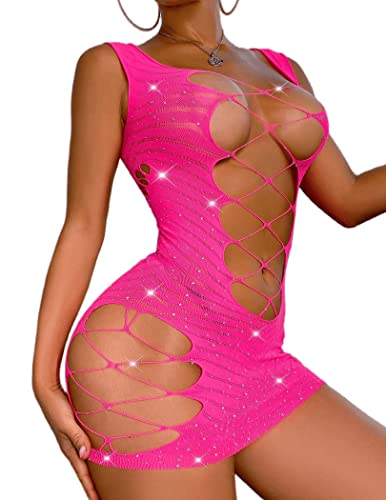 RSLOVE Damen Kurzes Kleid aus Fischnetz mit Strasssteinen Sexy Bodycon Fischnetz Minikleid Phosphor Einheitsgröße von RSLOVE