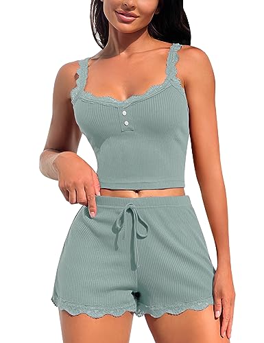 RSLOVE Damen Nachtwäsche aus Spitze Sexy Pyjama Set 2 teilige Oberteile und Shorts Hellblau L von RSLOVE