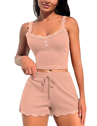 RSLOVE Damen Nachtwäsche aus Spitze Sexy Pyjama Set 2 teilige Oberteile und Shorts Rosa S von RSLOVE