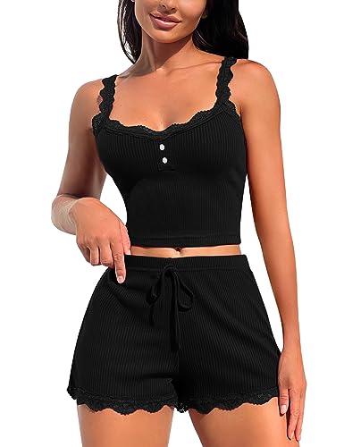 RSLOVE Damen Nachtwäsche aus Spitze Sexy Pyjama Set 2 teilige Oberteile und Shorts Schwarz L von RSLOVE