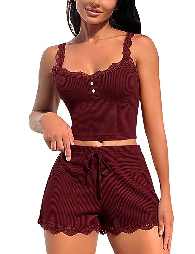 RSLOVE Damen Nachtwäsche aus Spitze Sexy Pyjama Set 2 teilige Oberteile und Shorts Weinrot M von RSLOVE