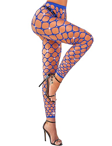 RSLOVE Damen Netzstrumpfhose mit Strasssteinen - Sexy Großgitter-Fischnetzstrumpfhose Juwel Blau mit weißen Diamanten von RSLOVE