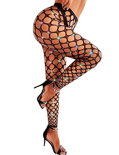 RSLOVE Damen Netzstrumpfhose mit Strasssteinen - Sexy Großgitter-Fischnetzstrumpfhose Schwarz Farbige Diamanten von RSLOVE
