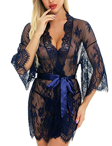 RSLOVE Damen Spitzen-Kimono-Robe Babydoll Dessous Eyelash Nachthemd Kleid Blau Groß von RSLOVE