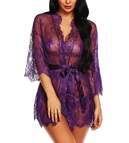 RSLOVE Damen Spitzen-Kimono-Robe Babydoll Dessous Eyelash Nachthemd Kleid Lila Groß von RSLOVE