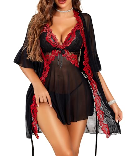 RSLOVE Damen Spitzen Morgenmantel Bademantel - mit Sexy Babydoll Braut Nachtkleid Nachtwäsche Schwarz Weinrot L RSLOVE Damen Spitzen Morgenmantel Bademantel - mit Sexy Babydoll Braut Nachtkleid Nachtwäsche Schwarz Weinrot L von RSLOVE