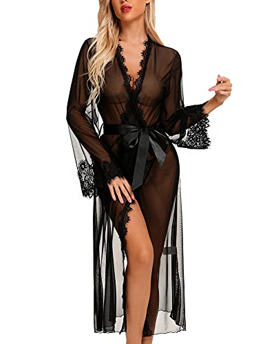 RSLOVE Dessous für Damen Sexy Lange Spitze Bademantel Robe Mesh-Chemise Kleid Babydoll-Vertuschung Schwarz Medium von RSLOVE