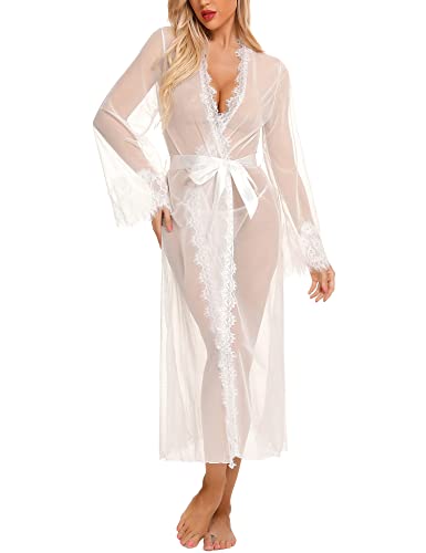 RSLOVE Dessous für Damen Sexy Lange Spitze Bademantel Robe Mesh-Chemise Kleid Babydoll-Vertuschung Weiß Medium von RSLOVE