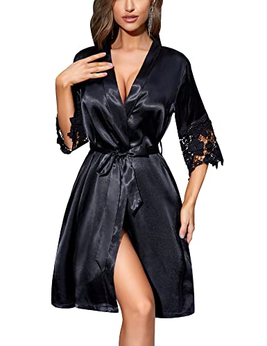 RSLOVE Frauen Satin Robe Spitze Trim Kimono Brautjungfer Morgenmantel lange Braut Roben für die Hochzeit Schwarz Small von RSLOVE