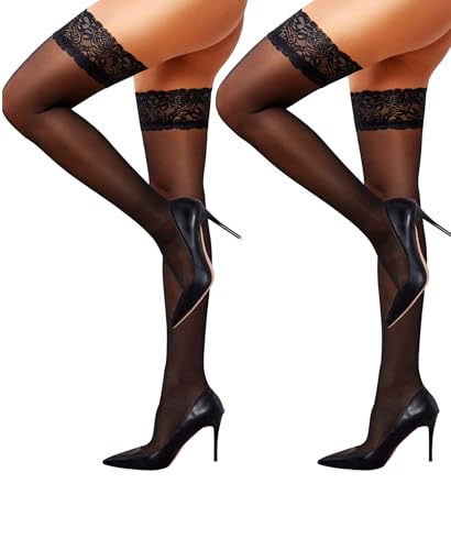 RSLOVE Halterlose Strümpfe Damen Sexy - Spitze Strapsstrümpfe Nylonstrümpfe mit Rutschfestem Silicone Schwarz, L, 2er-Pack von RSLOVE