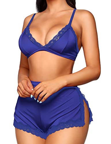 RSLOVE Pyjama Damen Sexy Seiden PJ Set Top und Shorts für Schlafanzug und Nachtwäsche Blau Klein von RSLOVE