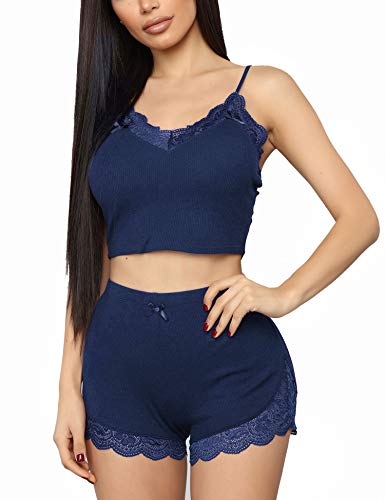 RSLOVE Pyjama Set Damen V-Ausschnitt Ärmelloses Nachtwäsche-Set Weiches Spitzen-Camisole-Set mit kurzer Hose Nachtwäsche Blau Groß von RSLOVE