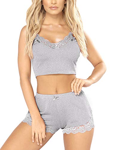 RSLOVE Pyjama Set Damen V-Ausschnitt Ärmelloses Nachtwäsche-Set Weiches Spitzen-Camisole-Set mit kurzer Hose Nachtwäsche Grau Klein von RSLOVE