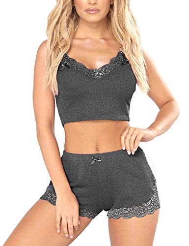 RSLOVE Pyjama Set Damen V-Ausschnitt Ärmelloses Nachtwäsche-Set Weiches Spitzen-Camisole-Set mit kurzer Hose Nachtwäsche Tiefes Grau XXL von RSLOVE