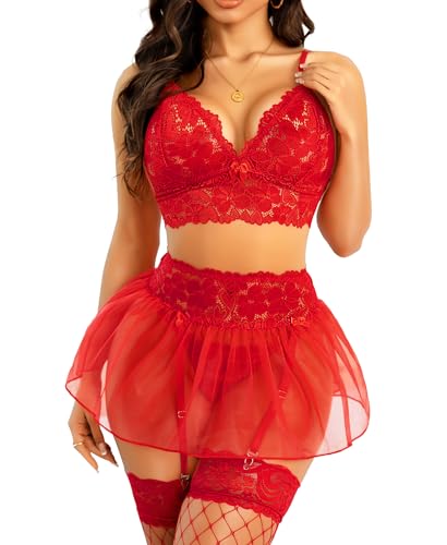 RSLOVE Sexy Damen Dessous Sets - Spitze Babydoll Unterwäsche Netz-Minirock Mit Strumpfhalter Beinbänder Rot XXL von RSLOVE