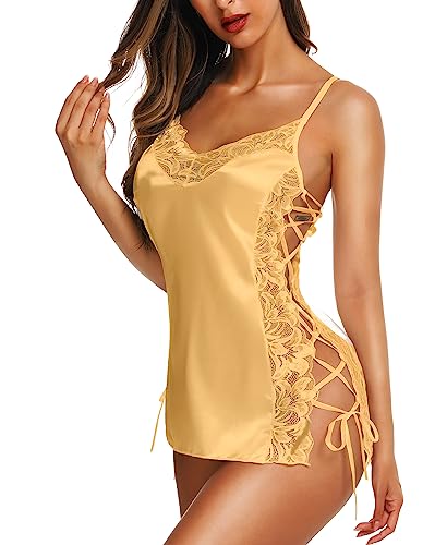 RSLOVE Damen Dessous Babydoll Seiden Schlafanzug Sexy Slips Spitzenhemd Negligees Champagne M von RSLOVE