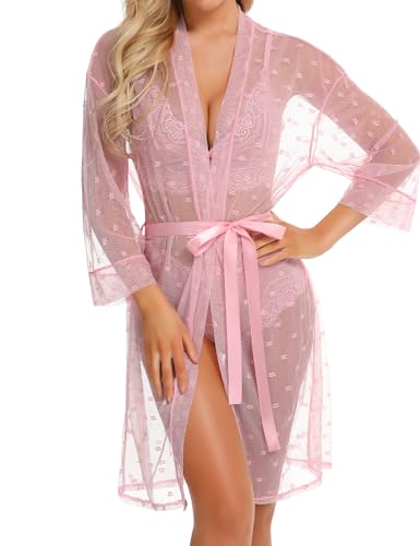 RSLOVE Sexy Dessous Set für Damen 3 teilig Spitzen Kimono mit BH und Höschen Rosa L von RSLOVE