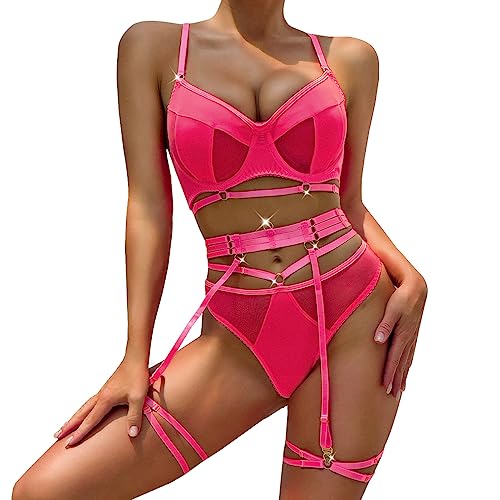 RSLOVE Sexy Dessous-Sets für Frauen mit Strumpfband transparentem Netz-BH und Slip-Set Fluorescent Pink XXL von RSLOVE