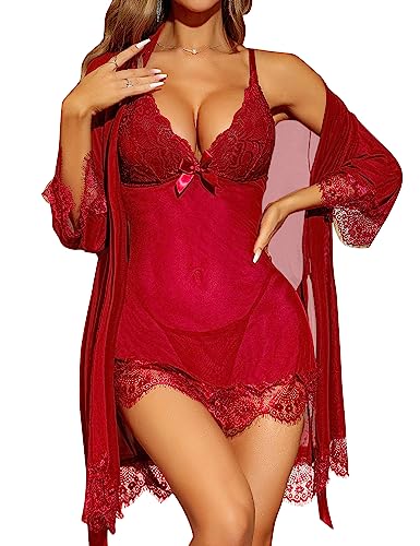 RSLOVE Sexy Dessous für Damen Spitzen-Babydoll mit Morgenmantel Nachtkleid Nachtwäsche Weinrot S RSLOVE Sexy Dessous für Damen Spitzen-Babydoll mit Morgenmantel Nachtkleid Nachtwäsche Weinrot S von RSLOVE