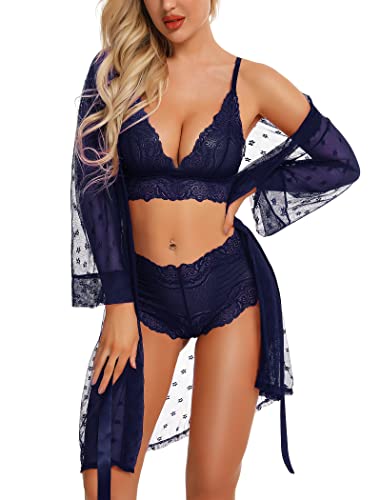 RSLOVE Sexy Dessous Set für Damen 3 teilig Spitzen Kimono mit BH und Höschen Marineblau XXL von RSLOVE