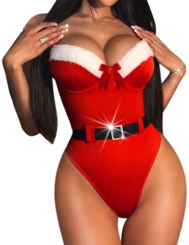 RSLOVE Weihnachtskostüm Damen Bodysuit Santa Lingerie für Damen Teddy Babydoll Rot XL von RSLOVE