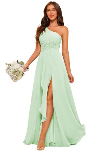Chiffon, einschultrig, Brautjungfernkleider mit Schlitz, A-Linie, langes formelles Partykleid mit Taschen, RO022, Minze, 36 von RSOETOO