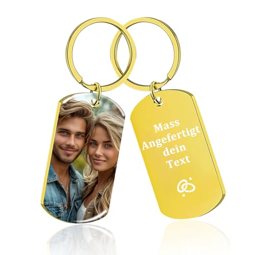 RSQGT Schlüsselanhänger Personalisierter mit Foto - Hochwertiger Edelstahl Schlüsselanhänger Personalisierbar mit Bild + Text - Geschenk für Partner, Eltern, Haustiere (Gold) von RSQGT