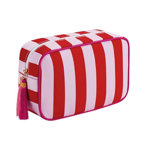 RSRSLEII Große gestreifte Make-up-Tasche aus Segeltuch mit Reißverschluss, ästhetische Quaste, Reise-Kosmetiktasche, Kosmetiktasche, Mädchen-Handtaschen, Geldbörsen, Accessoires, Aufbewahrungstasche von RSRSLEII